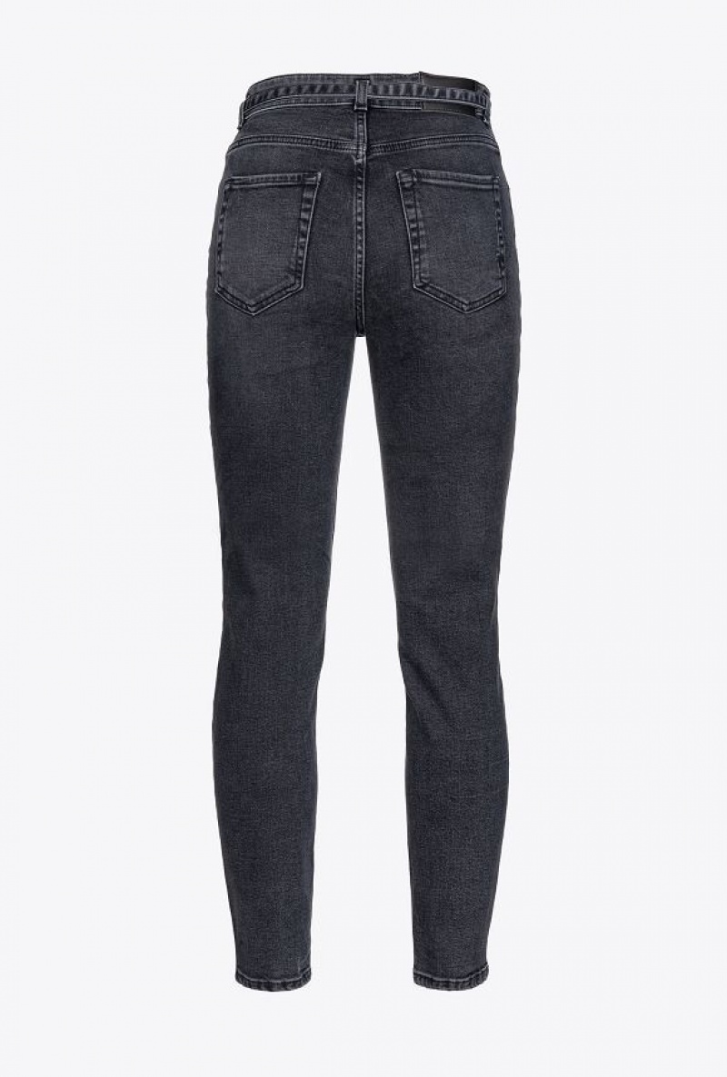 Pinko Black Stretch Denim Hubená Jeans With Belt Černé Blankyt Světle Modré | SN-PKO34008