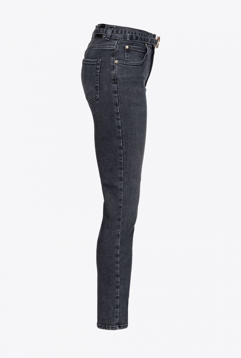 Pinko Black Stretch Denim Hubená Jeans With Belt Černé Blankyt Světle Modré | SN-PKO34008