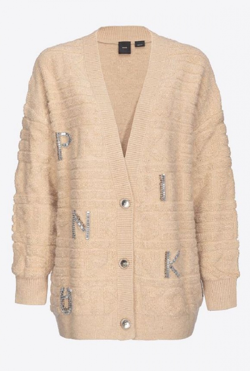 Pinko Cardigan With 3d Rhinestone Logo Béžový | SN-PKO33550