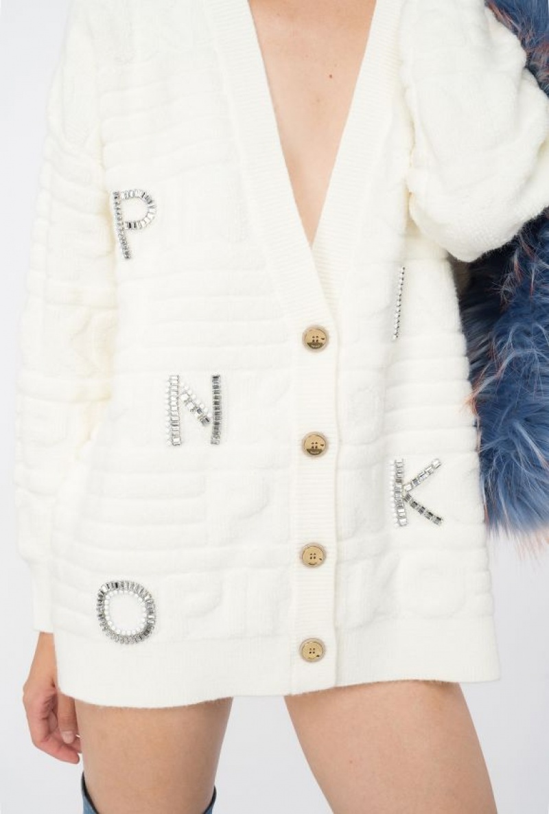 Pinko Cardigan With 3d Rhinestone Logo Světle Žluté Krém Bílé | SN-PKO33551