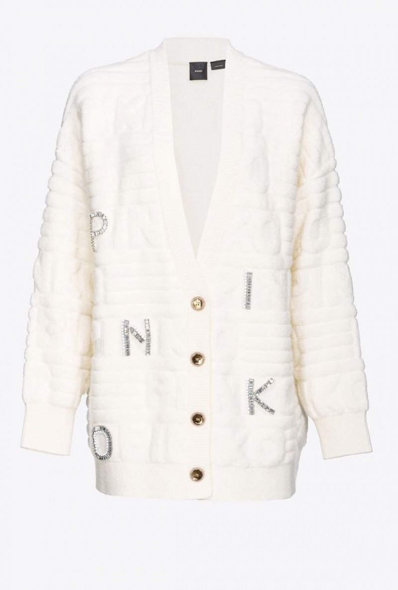 Pinko Cardigan With 3d Rhinestone Logo Světle Žluté Krém Bílé | SN-PKO33551