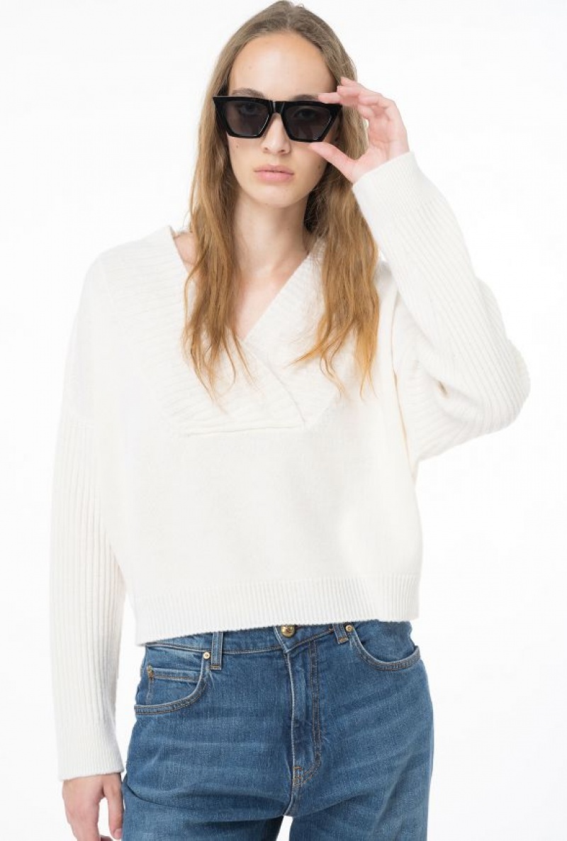 Pinko Cashmere-blend V-neck Pullover Bílé | SN-PKO33416