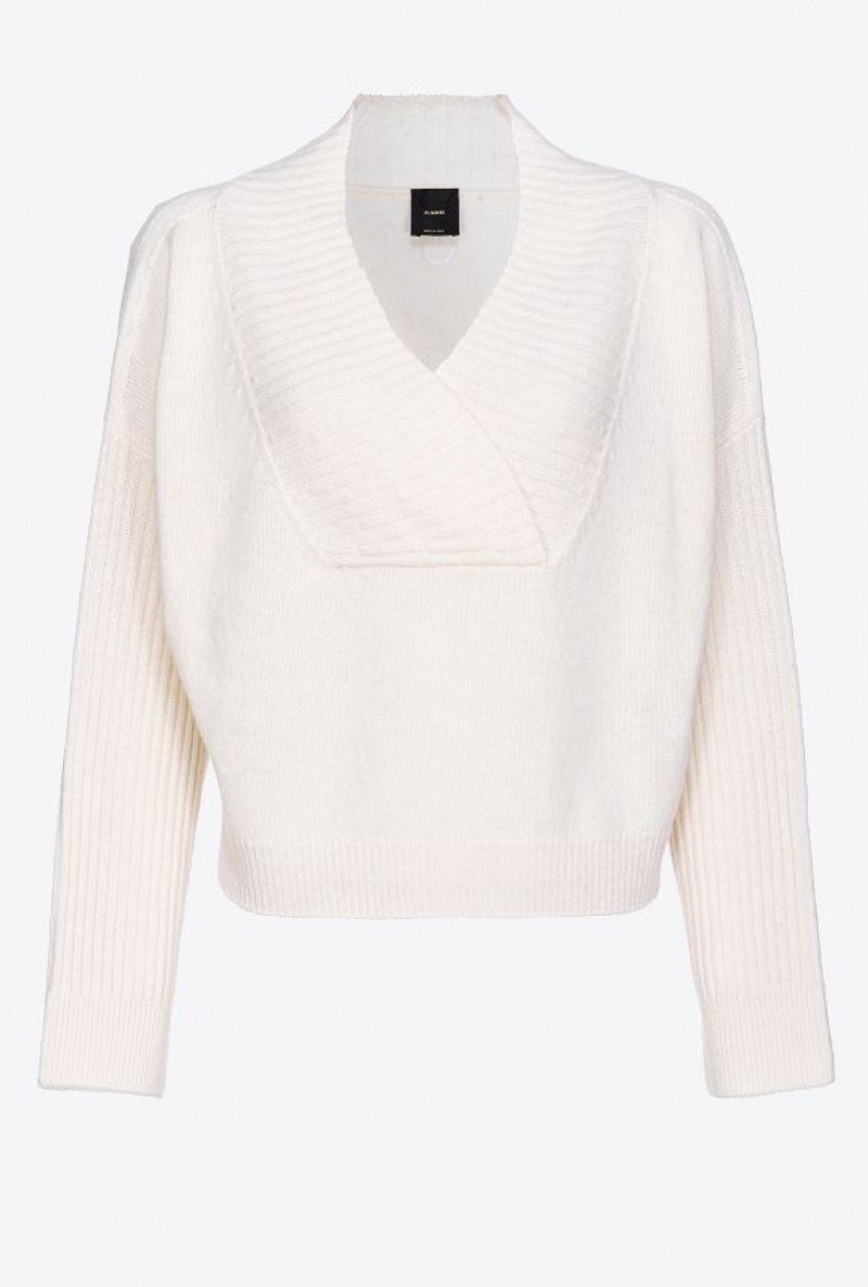 Pinko Cashmere-blend V-neck Pullover Bílé | SN-PKO33416