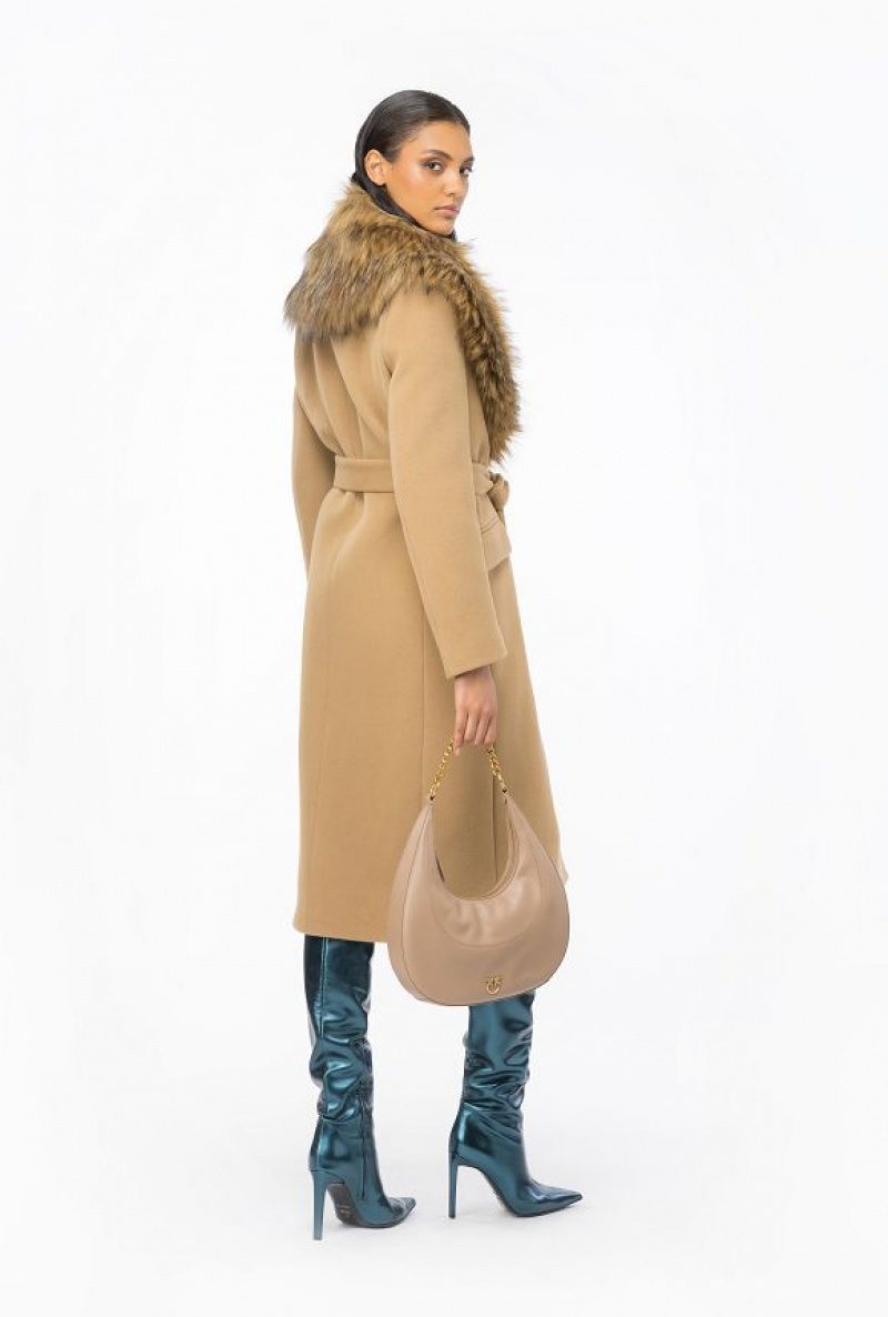 Pinko Coat With Faux Fur Collar Béžový Hnědé | SN-PKO33658