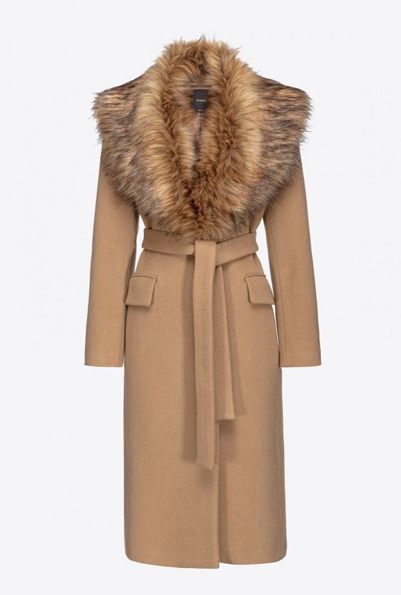 Pinko Coat With Faux Fur Collar Béžový Hnědé | SN-PKO33658