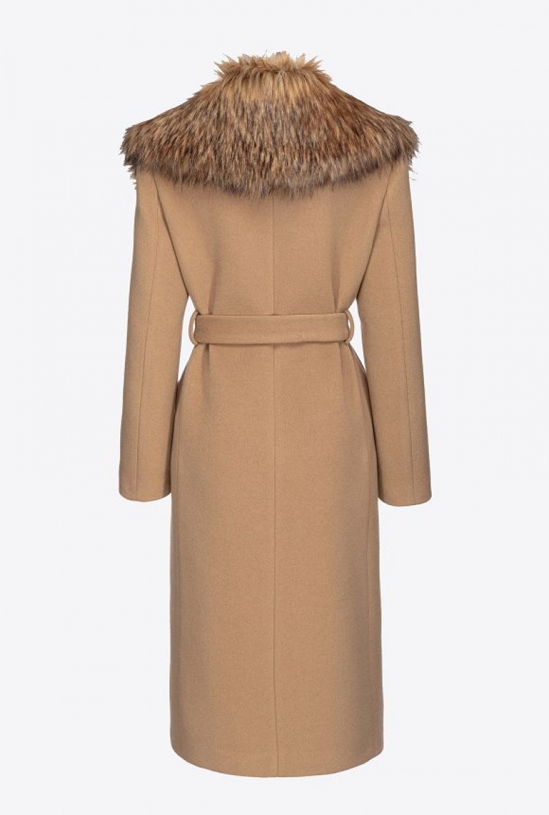 Pinko Coat With Faux Fur Collar Béžový Hnědé | SN-PKO33658