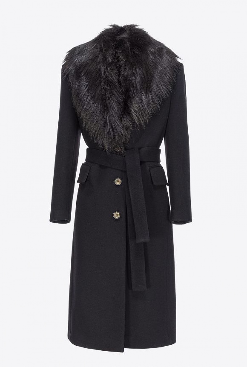 Pinko Coat With Faux Fur Collar Černé | SN-PKO33657