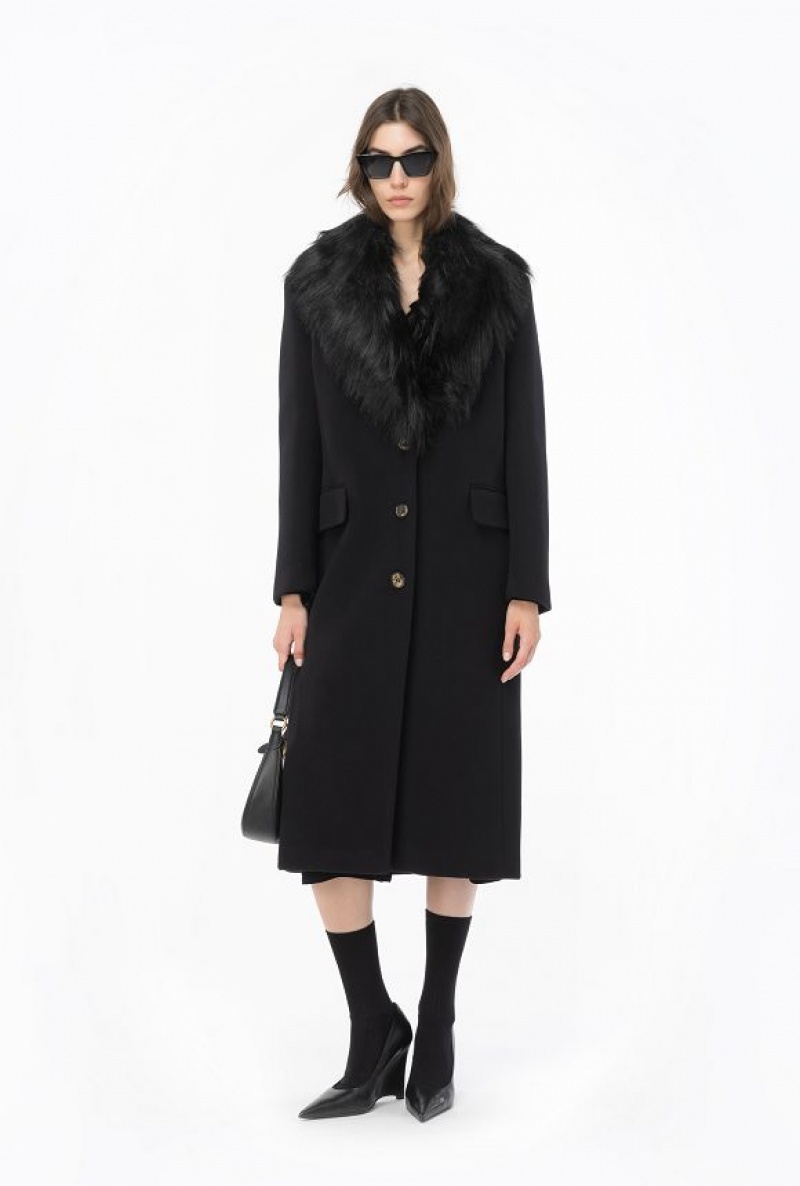 Pinko Coat With Faux Fur Collar Černé | SN-PKO33657