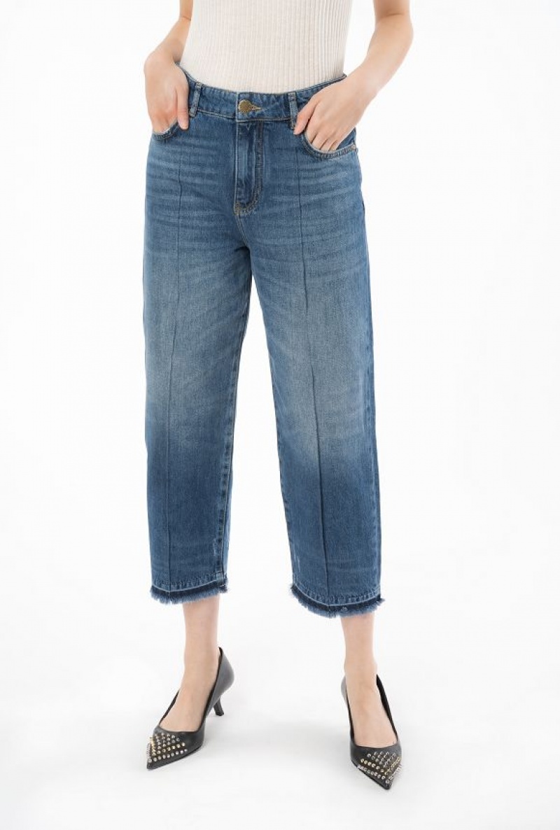 Pinko Cropped Denim Boyfriend Jeans Tmavě Blankyt Světle Modré | SN-PKO34000