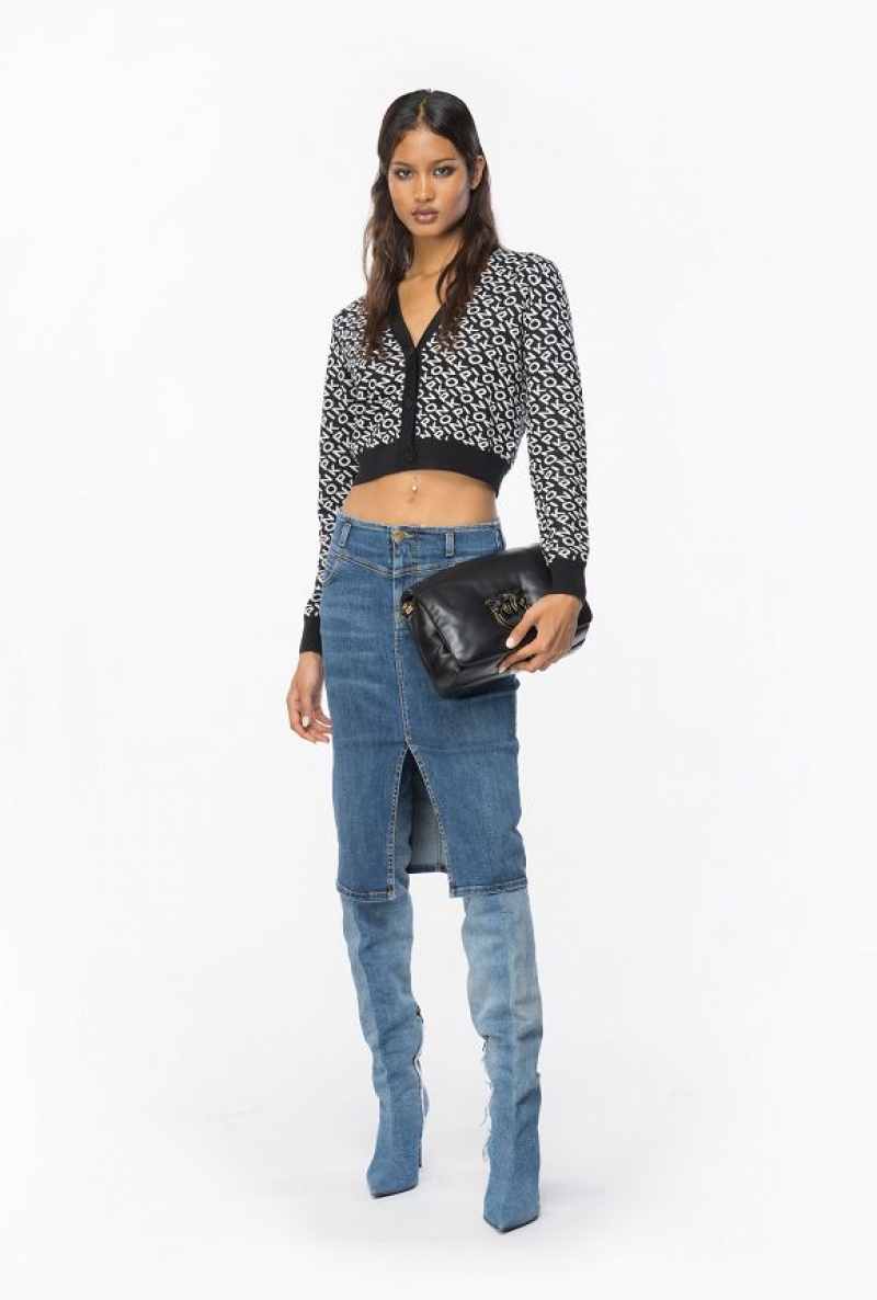 Pinko Cropped Jacquard Logo Cardigan Černé Bílé | SN-PKO33443