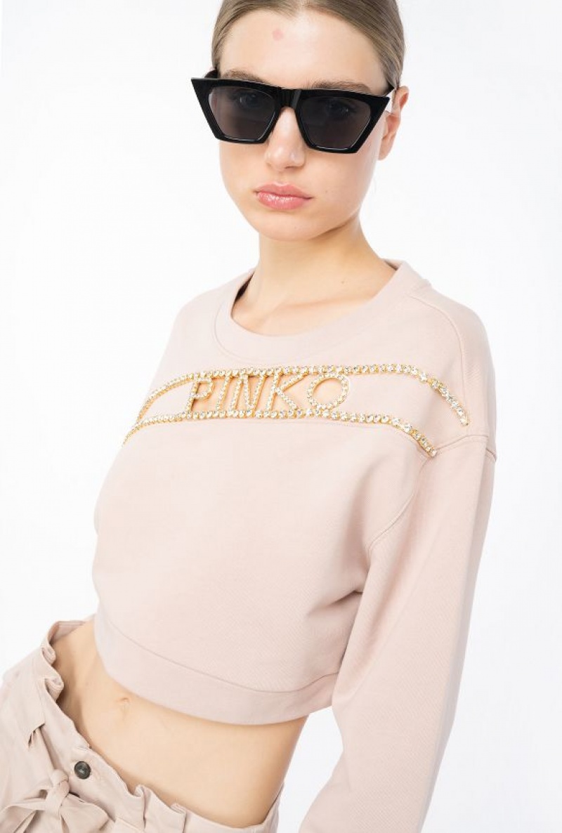 Pinko Cropped Sweatshirt With Rhinestone Logo Béžový | SN-PKO33474