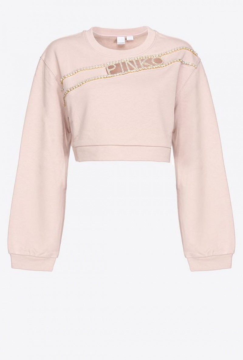 Pinko Cropped Sweatshirt With Rhinestone Logo Béžový | SN-PKO33474