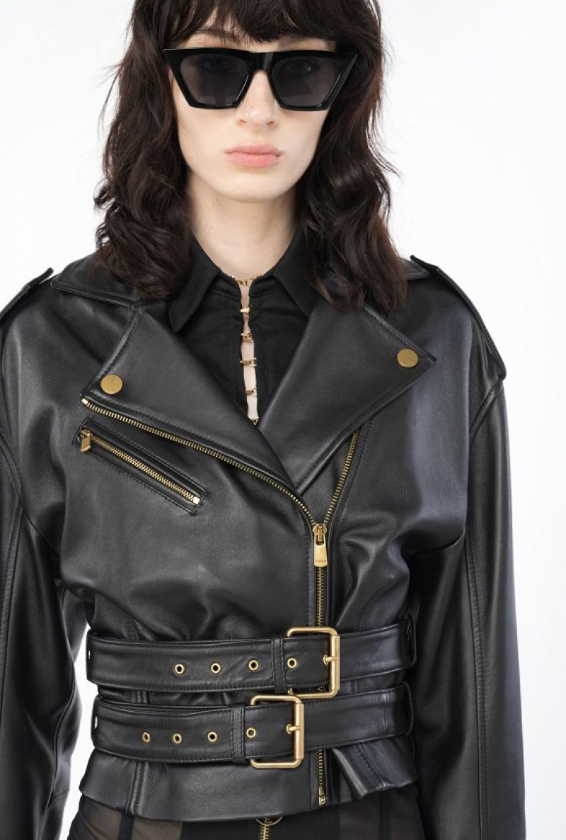 Pinko Cyklistické Jacket With Double Belt Černé | SN-PKO33604