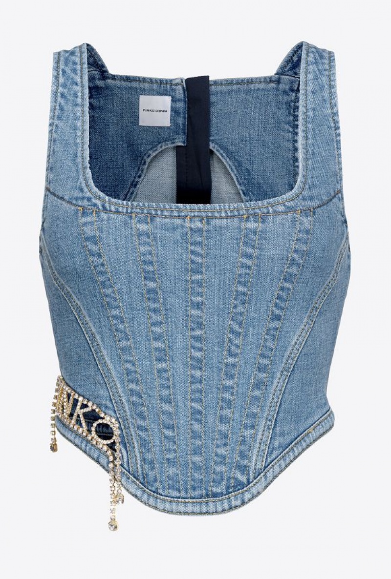 Pinko Denim Bustier Top With Rhinestone Logo Světle Blankyt Světle Modré | SN-PKO33281