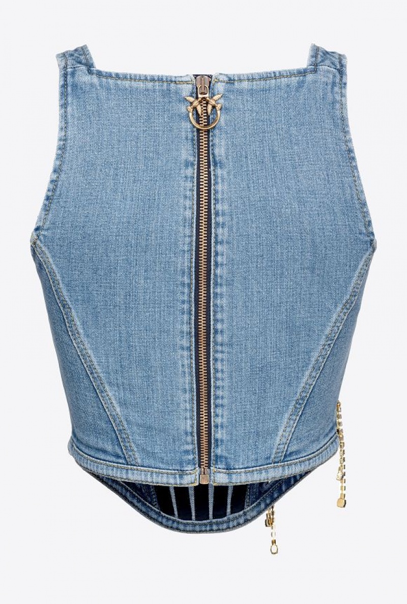 Pinko Denim Bustier Top With Rhinestone Logo Světle Blankyt Světle Modré | SN-PKO33281