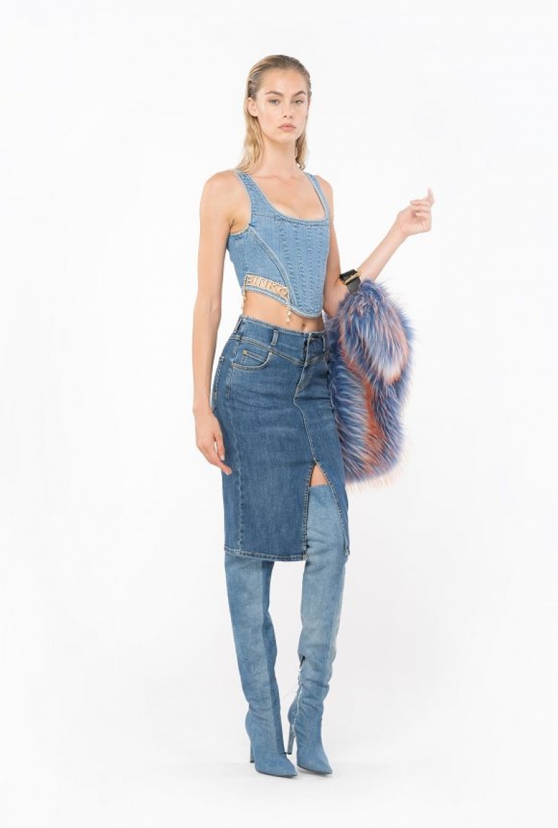 Pinko Denim Bustier Top With Rhinestone Logo Světle Blankyt Světle Modré | SN-PKO33281