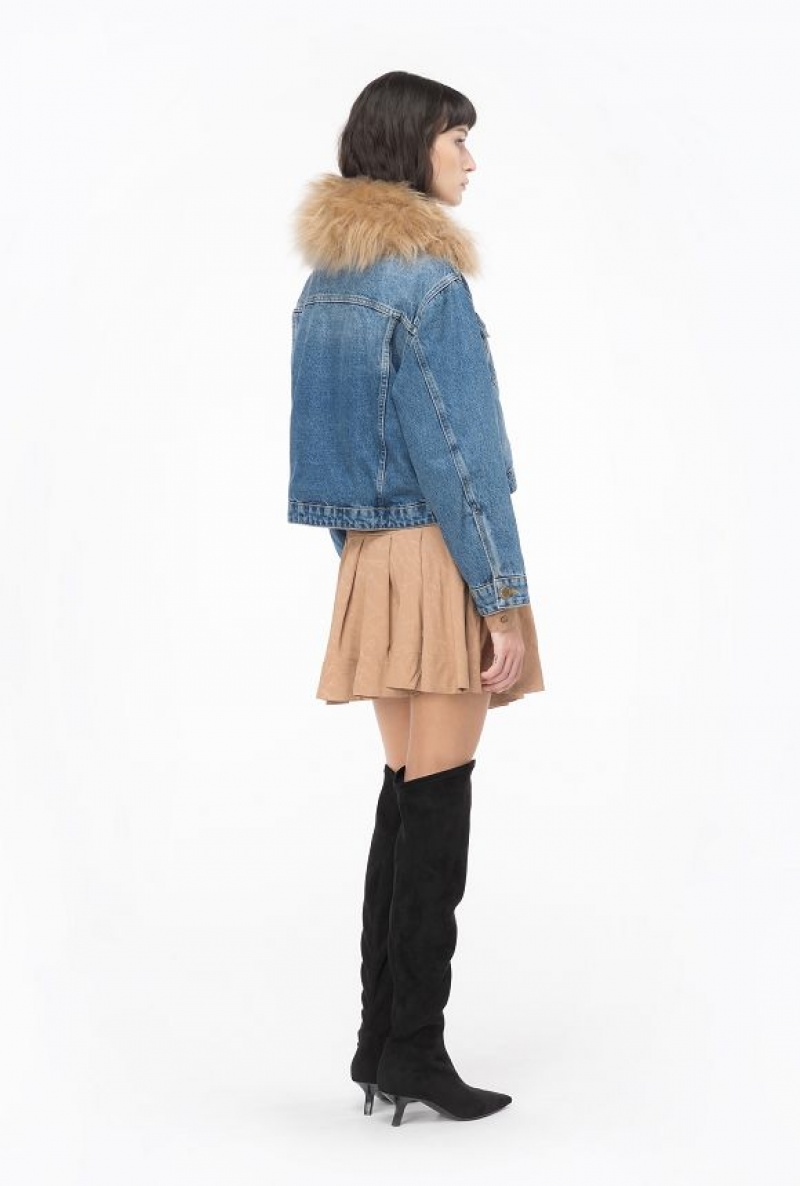 Pinko Denim Jacket With Faux Fur Blankyt Světle Modré | SN-PKO33592