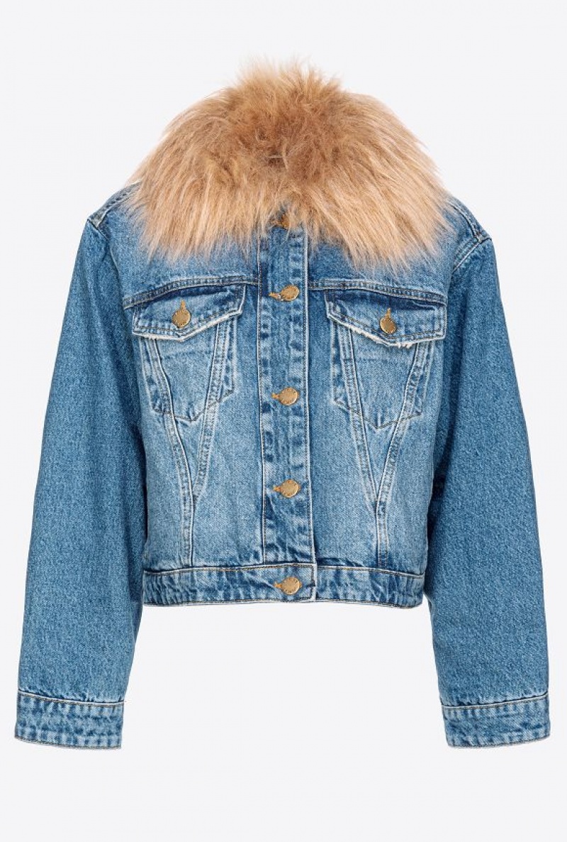 Pinko Denim Jacket With Faux Fur Blankyt Světle Modré | SN-PKO33592