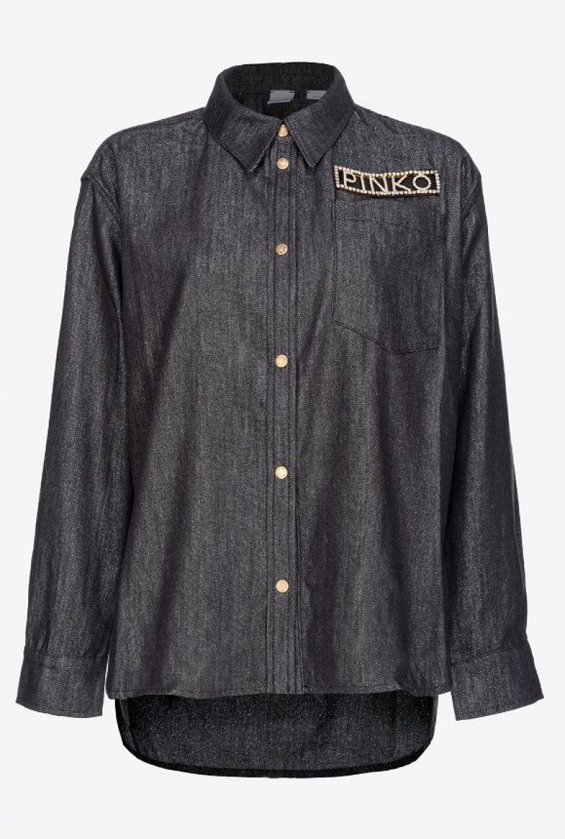 Pinko Denim Shirt With Rhinestone Logo Černé Stříbrné | SN-PKO33179