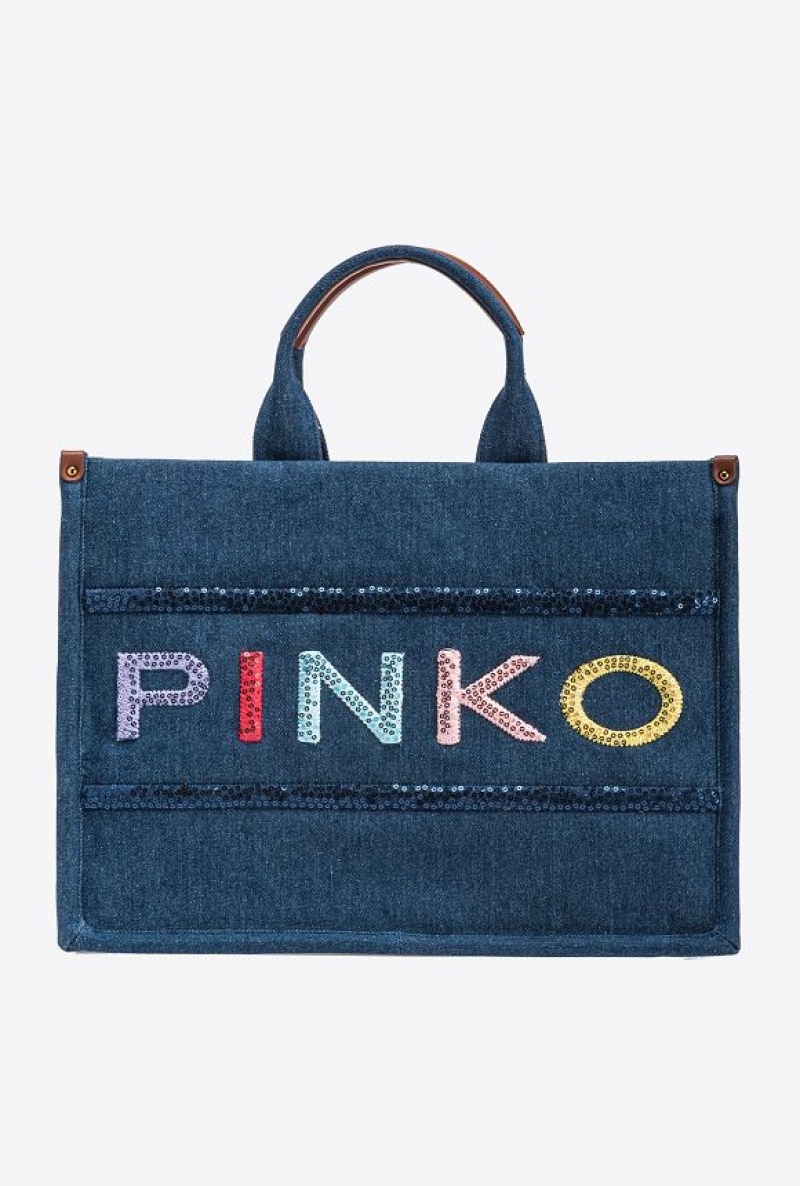 Pinko Denim Shopper Bag With Sequinned Logo Blankyt Zlaté | SN-PKO32877