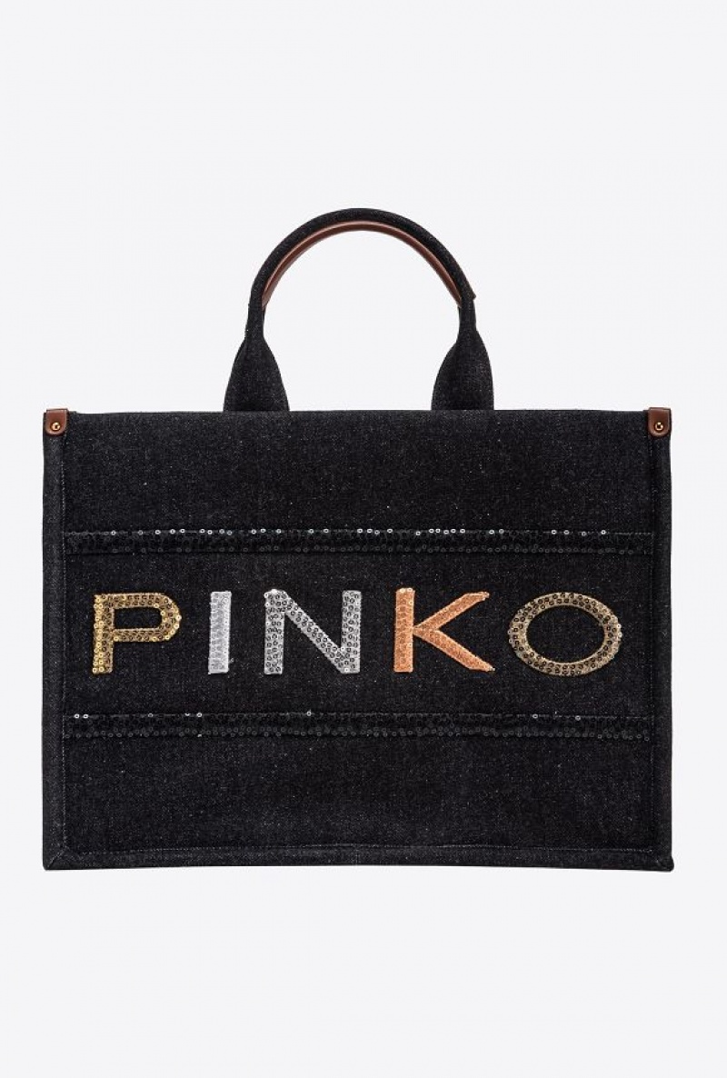 Pinko Denim Shopper Bag With Sequinned Logo Černé Blankyt Zlaté | SN-PKO32879