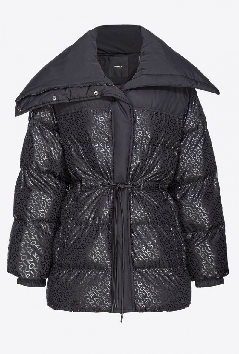 Pinko Down Jacket With Glossy Logo Print Černé | SN-PKO33606