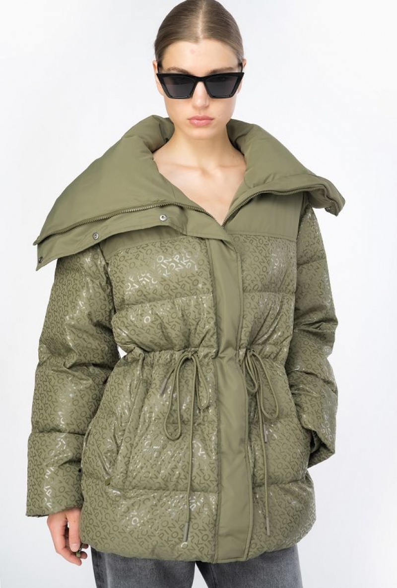 Pinko Down Jacket With Glossy Logo Print Šedé Zelene | SN-PKO33643