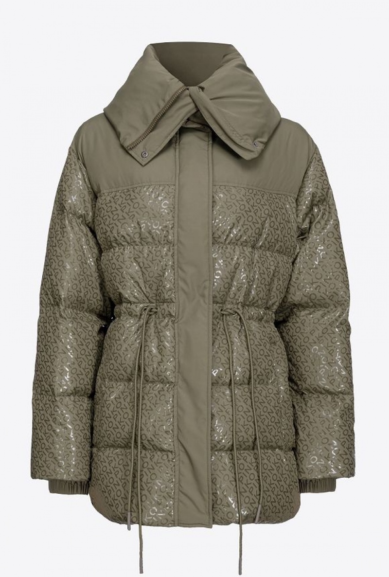 Pinko Down Jacket With Glossy Logo Print Šedé Zelene | SN-PKO33643