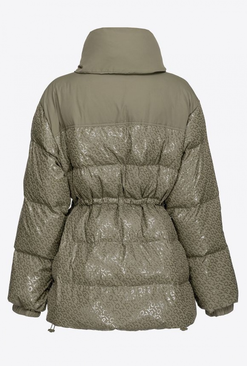 Pinko Down Jacket With Glossy Logo Print Šedé Zelene | SN-PKO33643