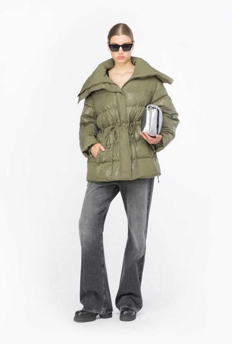 Pinko Down Jacket With Glossy Logo Print Šedé Zelene | SN-PKO33643