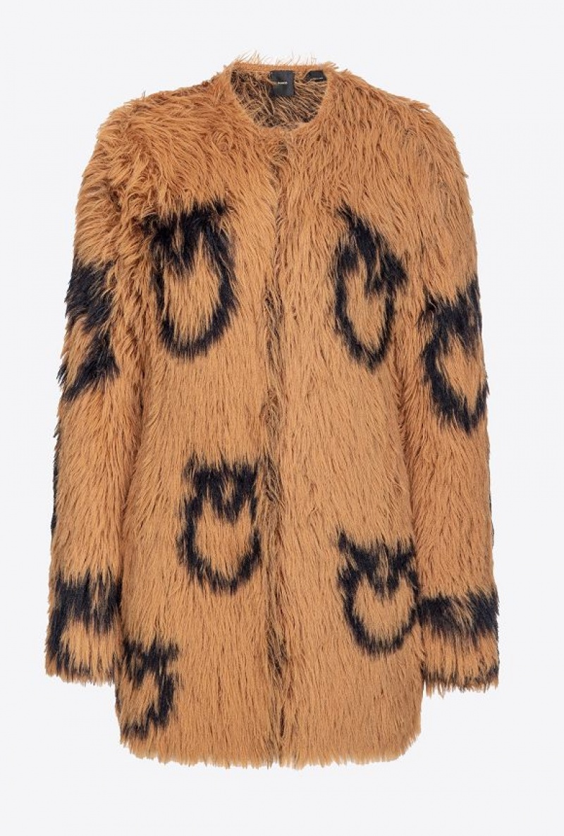 Pinko Faux Fur Coat With Love Birds Logo Hnědé Černé | SN-PKO33633