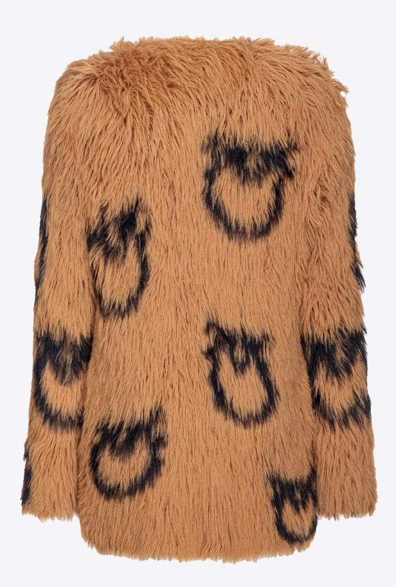 Pinko Faux Fur Coat With Love Birds Logo Hnědé Černé | SN-PKO33633