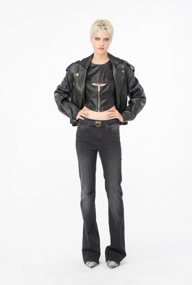 Pinko Flared Black Denim Jeans With Belt Černé | SN-PKO34023