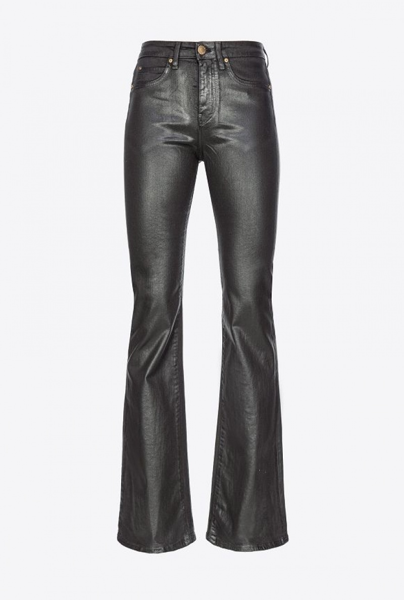 Pinko Flared Læder-look Drill Jeans Černé | SN-PKO34025