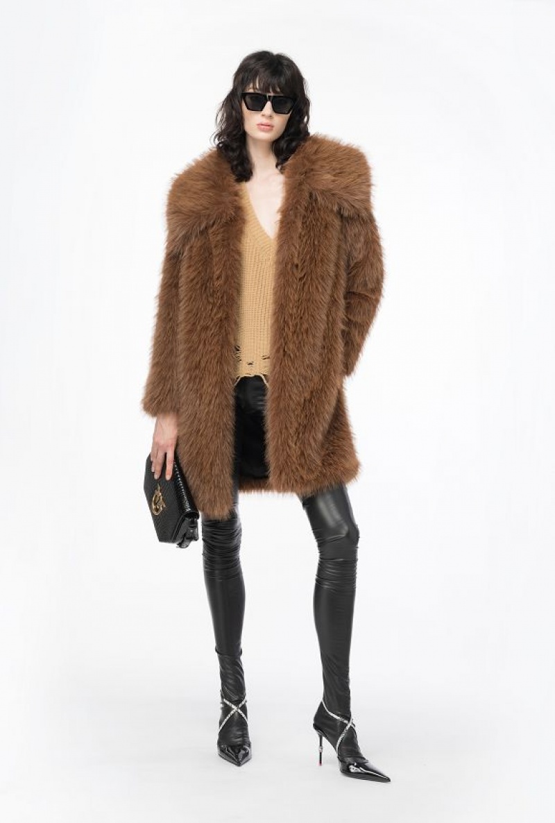 Pinko Fur-effect Pea Coat Hnědé | SN-PKO33671