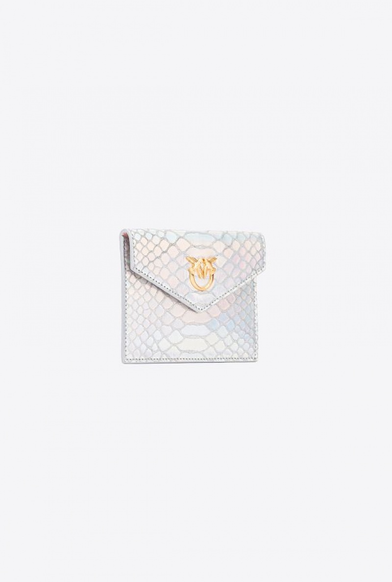 Pinko Galleria Byty Card Holder In Holographic Silver Reptile Skin Stříbrné Zlaté | SN-PKO34324