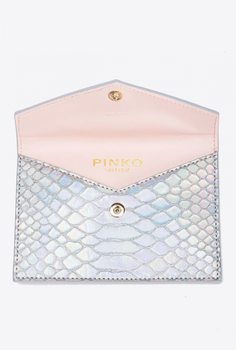 Pinko Galleria Byty Card Holder In Holographic Silver Reptile Skin Stříbrné Zlaté | SN-PKO34324