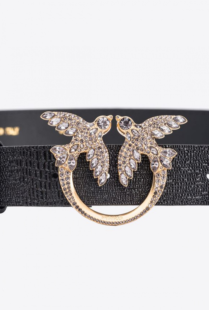 Pinko Galleria Glittery Reptile-print Belt With Love Birds 3cm Černé Zlaté | SN-PKO34181