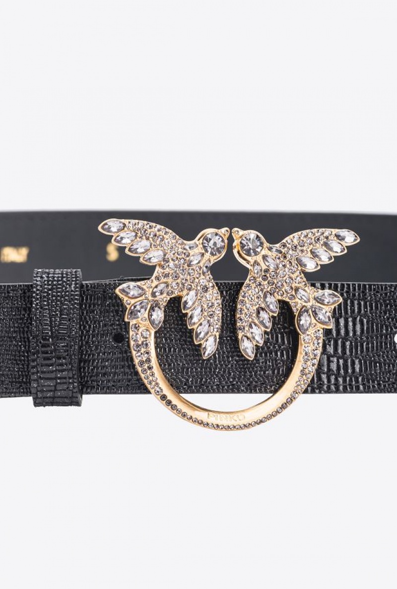 Pinko Galleria Glittery Reptile-print Belt With Love Birds 4cm Černé Zlaté | SN-PKO34182