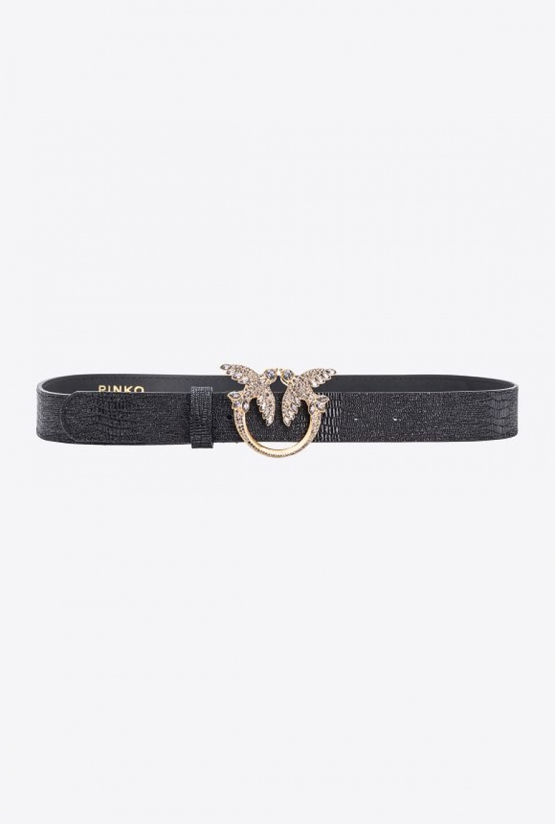 Pinko Galleria Glittery Reptile-print Belt With Love Birds 4cm Černé Zlaté | SN-PKO34182