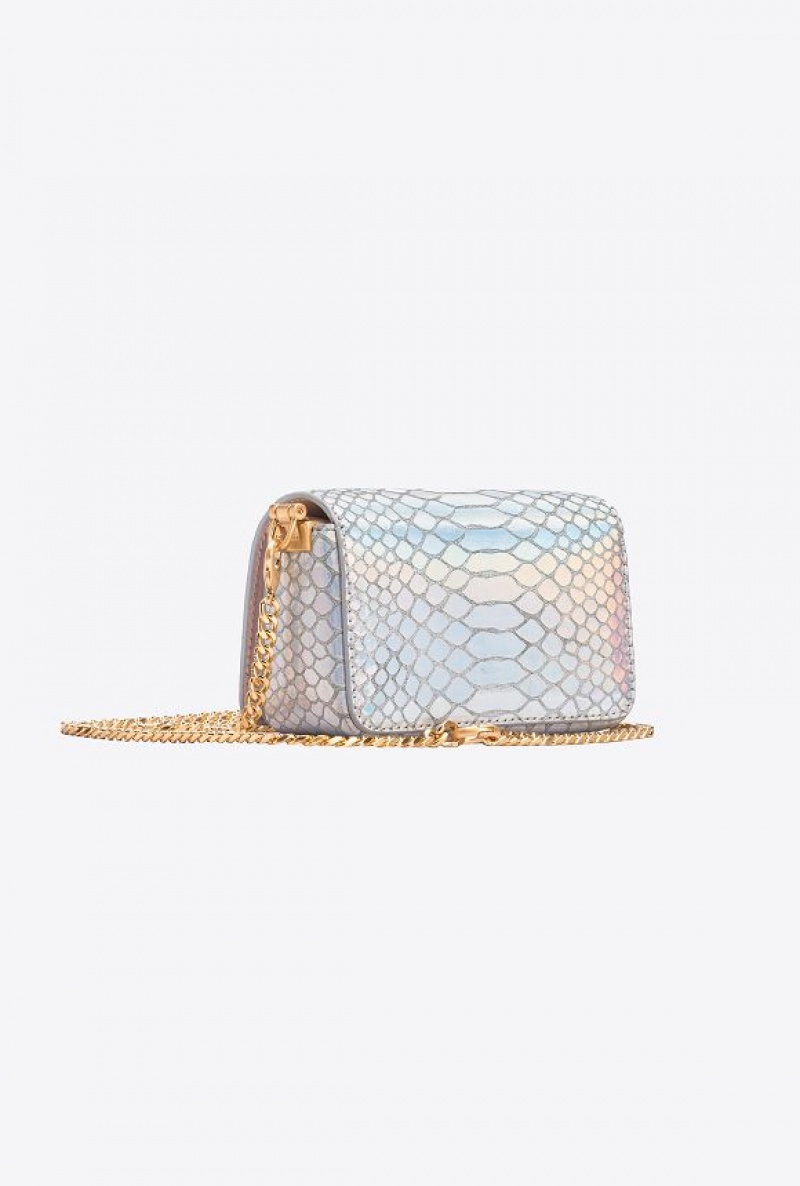 Pinko Galleria Micro Love Bag Click In Holographic Silver Reptile Skin Stříbrné Zlaté | SN-PKO32332