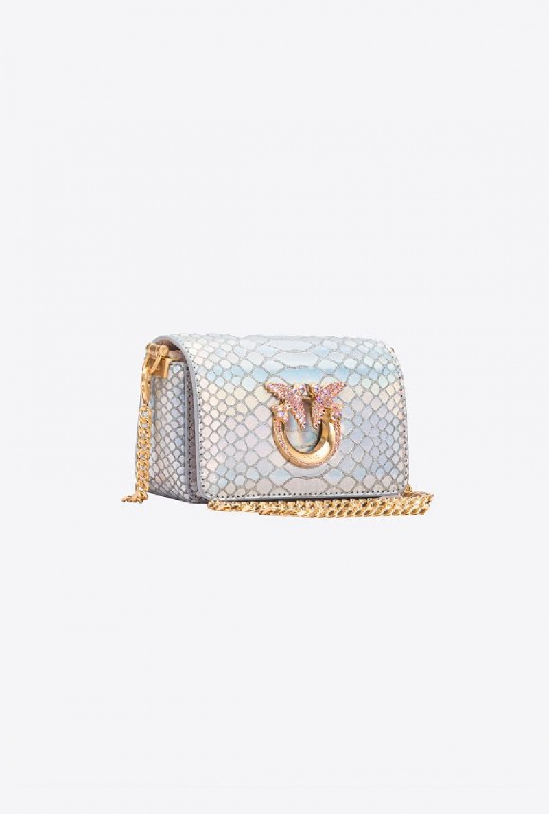 Pinko Galleria Micro Love Bag Click In Holographic Silver Reptile Skin Stříbrné Zlaté | SN-PKO32332