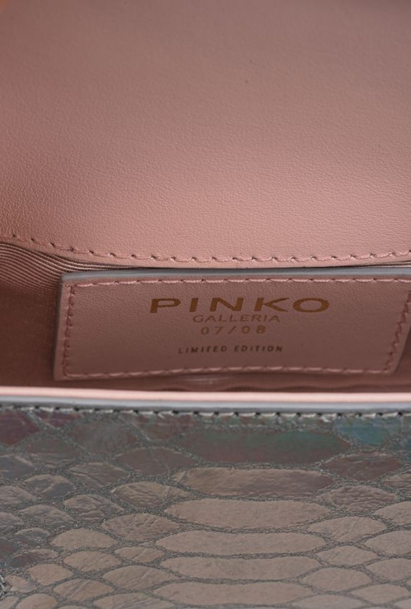 Pinko Galleria Micro Love Bag Click In Holographic Silver Reptile Skin Stříbrné Zlaté | SN-PKO32332