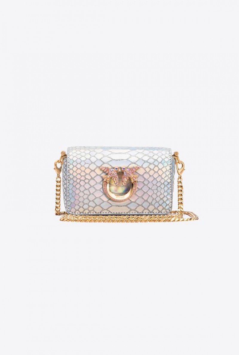 Pinko Galleria Micro Love Bag Click In Holographic Silver Reptile Skin Stříbrné Zlaté | SN-PKO32332