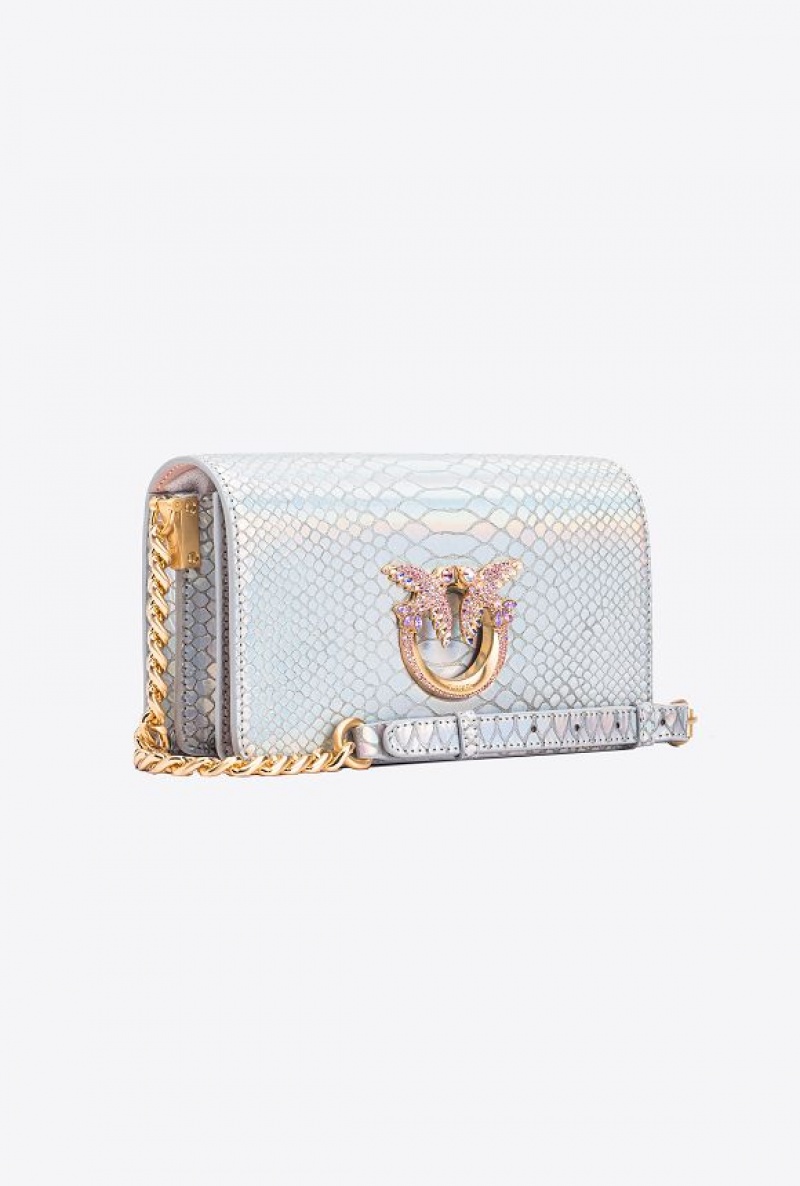 Pinko Galleria Mini Love Bag Click In Holographic Silver Reptile Skin Stříbrné Zlaté | SN-PKO32344