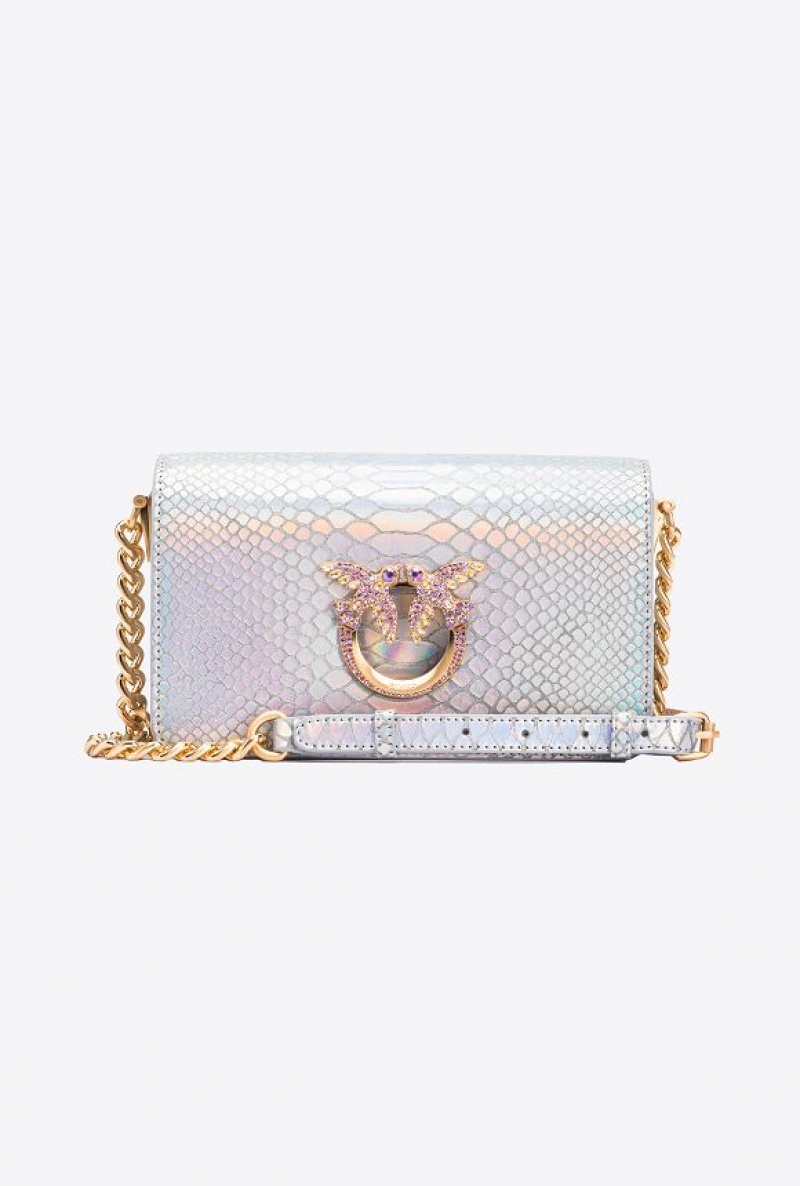 Pinko Galleria Mini Love Bag Click In Holographic Silver Reptile Skin Stříbrné Zlaté | SN-PKO32344