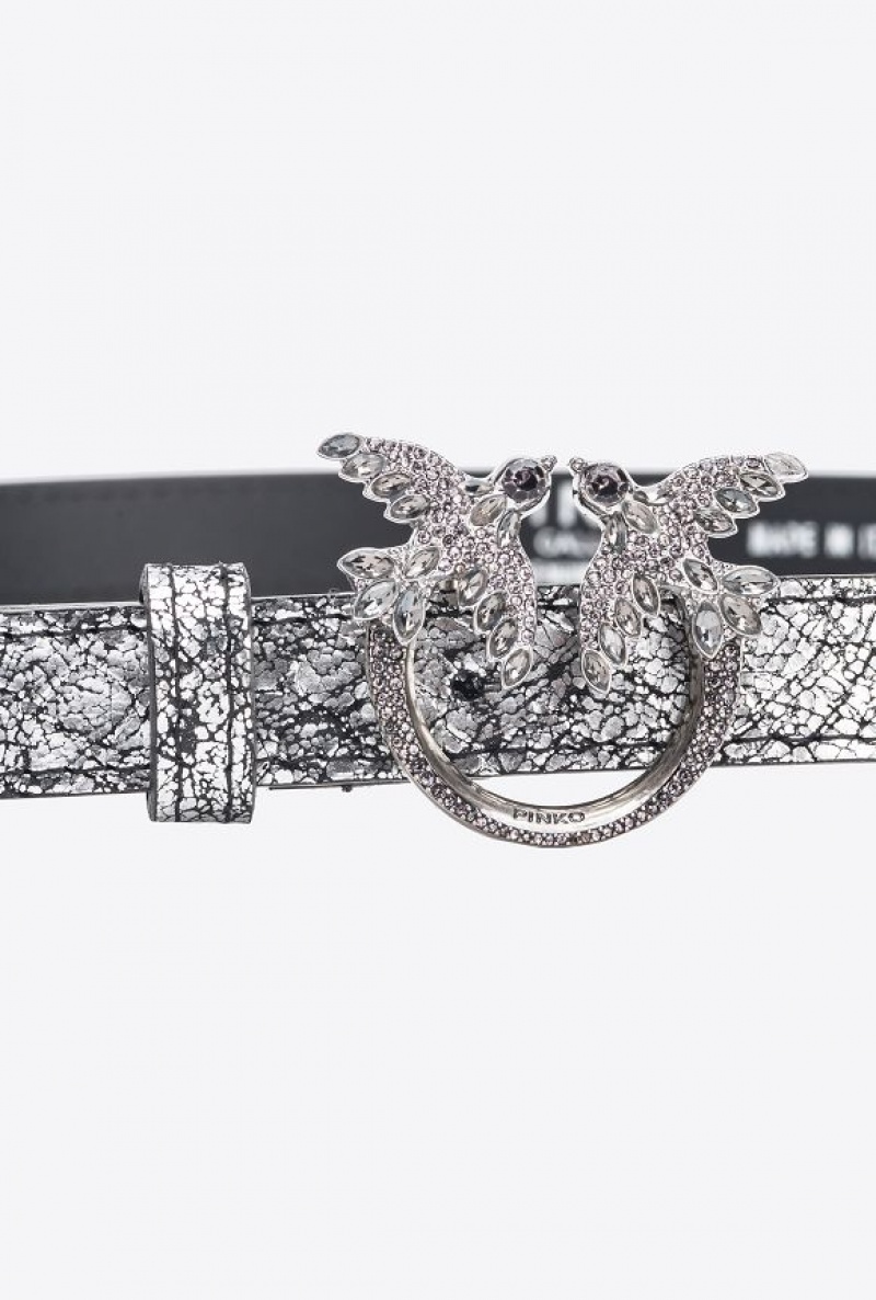 Pinko Galleria Thin Crackle-effect Crocodile Læder Belt With Love Birds 2cm Stříbrné Stříbrné | SN-PKO34178