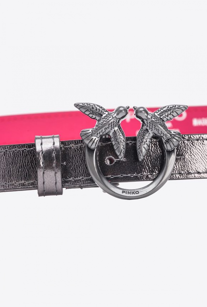 Pinko Galleria Thin Laminated Belt With Love Birds 2cm Šedé | SN-PKO34179