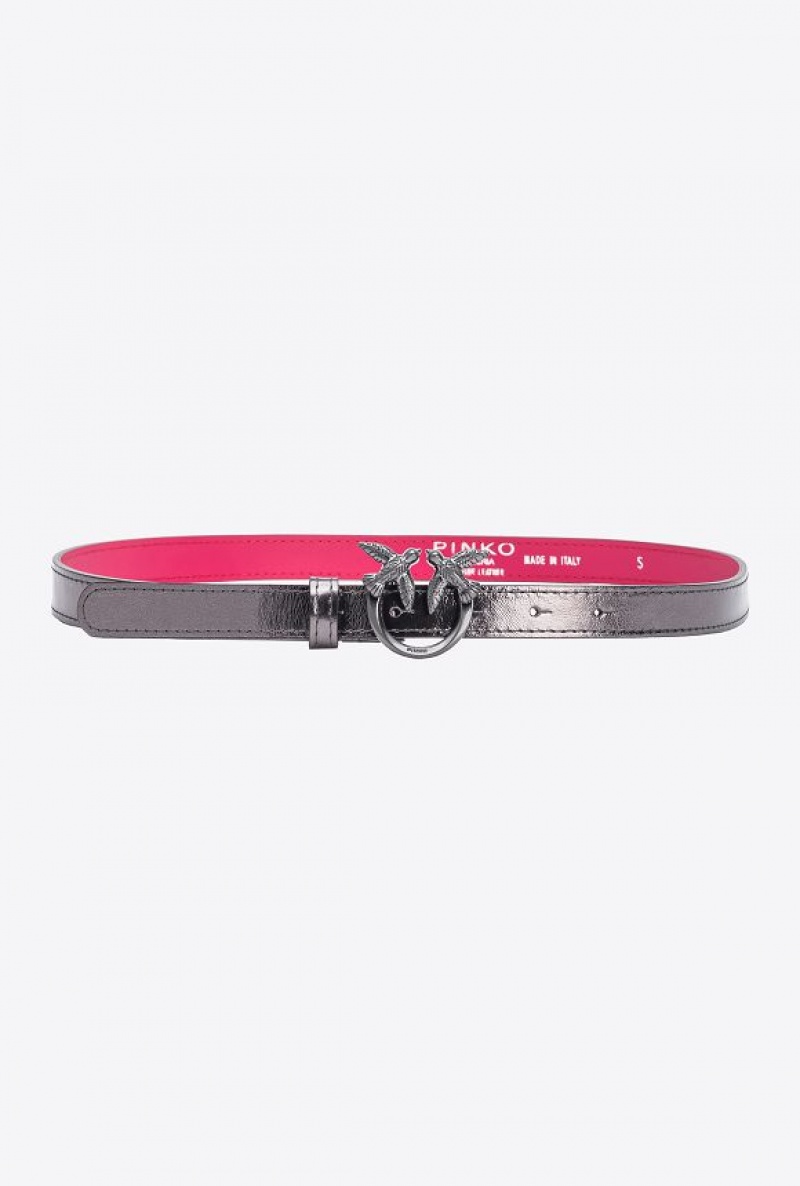 Pinko Galleria Thin Laminated Belt With Love Birds 2cm Šedé | SN-PKO34179