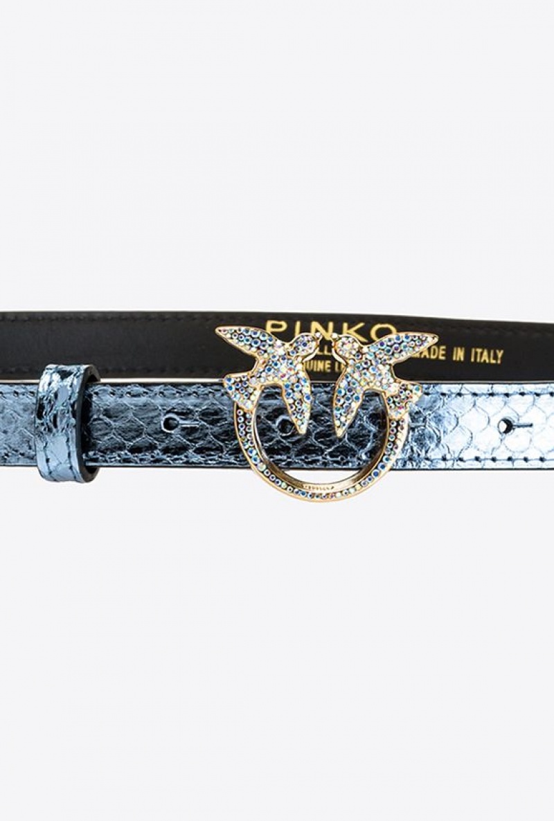 Pinko Galleria Thin Laminated Reptile Skin Belt Světle Blankyt Zlaté | SN-PKO34191